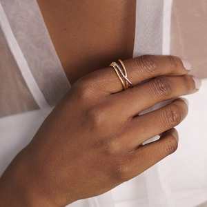 Three-layer crisscross gold S925 sterling silver ring with micro-paved diamonds on women's hand