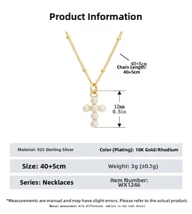 Macro detail of S925 sterling silver pearl cross necklace with 40+5cm chain specs