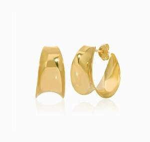 Macro detail of minimalist geometric 18K gold plated S925 sterling silver hoop earrings