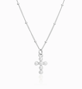 Detail of S925 silver satellite chain and cross pendant made of six white pearls