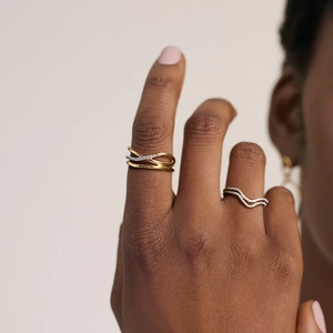 Three-layer crisscross geometric s925 silver ring with pave-set shimmering zircon stones