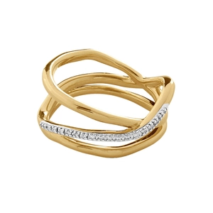 Three-layer geometric s925 silver cross ring with gold finish and pavé diamonds