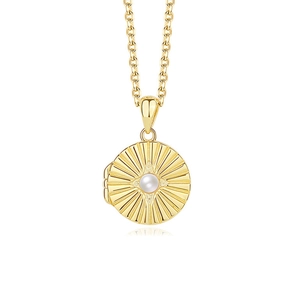 Golden round sunburst locket necklace with center pearl on polished metal chain