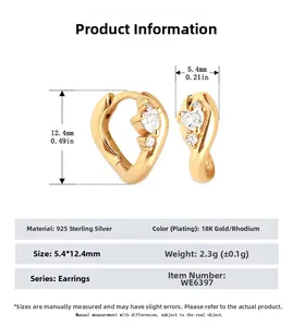 Détails des boucles d'oreilles cœur en argent 925 avec zircon et spécifications