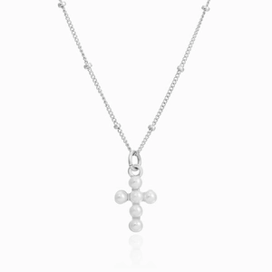 Minimalist S925 silver necklace with a cross pendant made of white spherical pearls