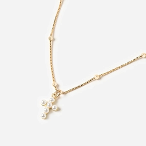 Elegant gold cross necklace with white pearls on a minimalist beaded chain for women