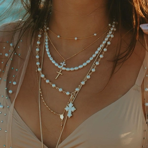 Layered S925 sterling silver gold necklace with cross and religious medal pendants