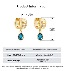 Detailed dimensions of 925 sterling silver drop earrings with blue cubic zirconia