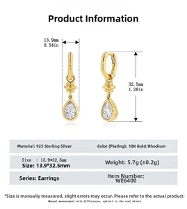 Detail view of S925 silver teardrop zircon earrings with 13.9x32.5mm size specifications