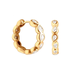 Polished gold huggie earrings with pear-cut zirconias shown from multiple angles