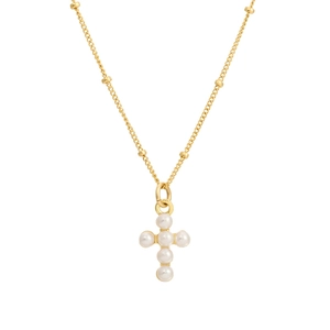 925 Sterling Silver Artificial Pearl Cross Necklace Gold Plated Satellite Chain Elegant Religious Jewelry For Women Daily Wear