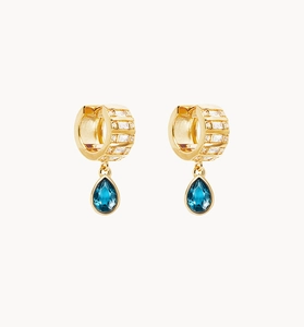 Detailed macro view of S925 silver ear buckles with blue pear-cut drop zircon stones