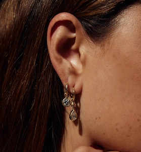 Close-up of gold pear-cut and round-cut zircon drop earrings worn on a model