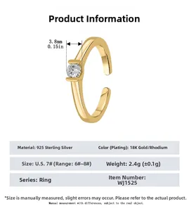 Detail view of adjustable 925 sterling silver ring with 3.8mm round-cut cubic zirconia