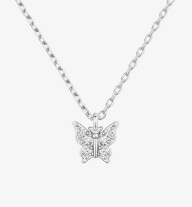 Close-up of S925 sterling silver butterfly pendant with sparkling zircon gemstones