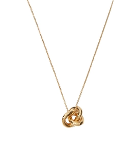 Macro shot of three interlocking golden rings on a delicate chain in high gloss