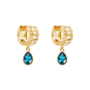 S925 sterling silver gold huggie earrings with rectangle zircon and blue teardrop pendant