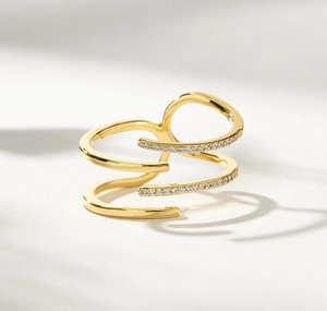 Detail of double-layer S925 silver ring with pave-set white cubic zirconia stones