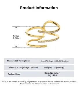 Detailed size specifications for the 925 sterling silver layered ring with 18k gold plating