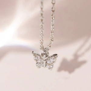 Minimalist S925 sterling silver butterfly pendant necklace with sparkling zircons