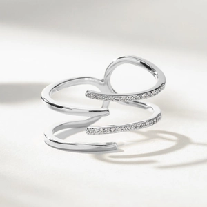 Three-layer spiral S925 sterling silver open ring with pavé set white zircon stones