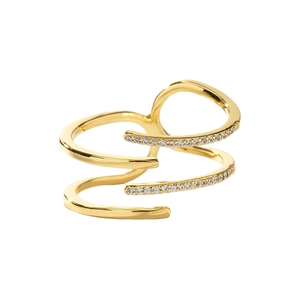 Double-layered gold open ring with white cubic zirconia accents on a white background