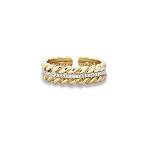 Macro shot of gold S925 sterling silver ring with twisted rope design and zircon inlay