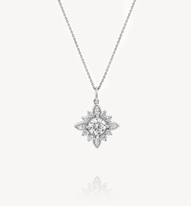 Macro detail of S925 sterling silver starburst pendant necklace with sparkling diamonds