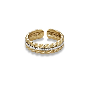 Macro detail of gold S925 silver ring featuring twisted rope texture and pavé zircons