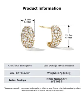 Macro view showing 8.1x13.6mm dimensions for 925 sterling silver zircon hoop earrings