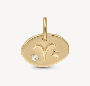 Macro view of gold S925 sterling silver Aries zodiac pendant with zircon stone inlay