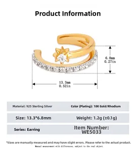 Detailed size chart and specifications for S925 sterling silver star ear cuff with cubic zirconia