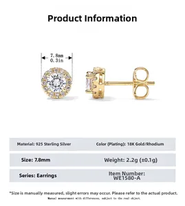 Detailed specs of 925 sterling silver halo stud earrings with 7.8mm round zircon