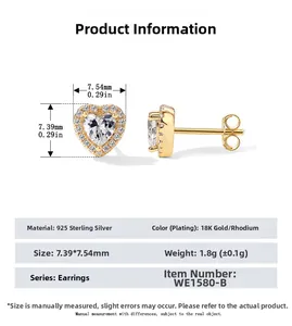 Detail view of 925 sterling silver heart stud earrings with size dimensions 7.39x7.54mm