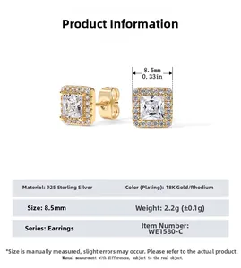 Detailed size chart for square zircon halo stud earrings in 925 sterling silver