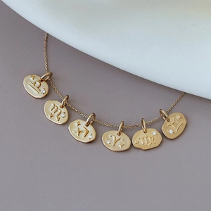 Gold plated S925 silver zodiac necklace featuring six dainty engraved coin pendants