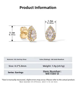 Detailed specs of pear-cut zircon earrings in 925 sterling silver with size dimensions