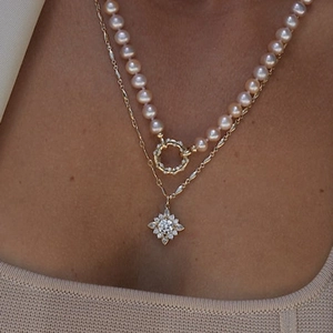 Elegant S925 silver double-layer necklace with pink pearls and star pendant for women