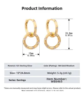 Detailed size chart for gold 925 sterling silver interlocking drop earrings with zircons