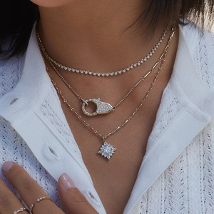 Three-layer gold S925 sterling silver layered necklace with zircon lock and star flower pendants