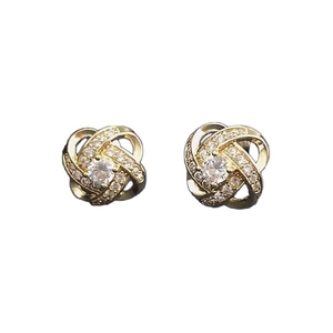 Elegant gold S925 silver clover earrings with sparkling zircon and twisted weave design