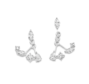Detail showing the adjustable ear jacket structure and leaf-shaped zircon settings