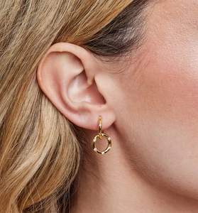 Close-up of interlocking S925 silver gold hoop earrings with zircon stones on model ear