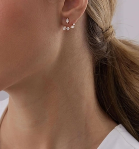 Macro shot of elegant gold zircon cluster earrings worn by a model in soft lighting