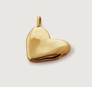 Polished golden 3D heart-shaped locket pendant with smooth mirror finish and wide chain loop
