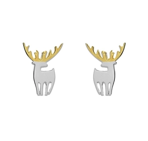 Close-up of S925 silver reindeer stud earrings with gold-plated antlers in dual-tone finish