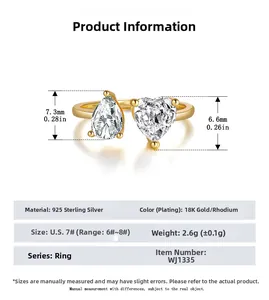 Detail view of S925 sterling silver open ring with pear and heart shaped cubic zirconia