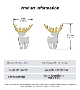 Detailed size chart and technical specifications for S925 sterling silver deer stud earrings