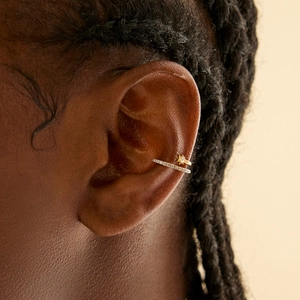 S925 sterling silver ear cuff with double band design and star-shaped zircon inlays