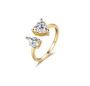 Close-up of S925 sterling silver open ring with heart and pear cut cubic zirconia